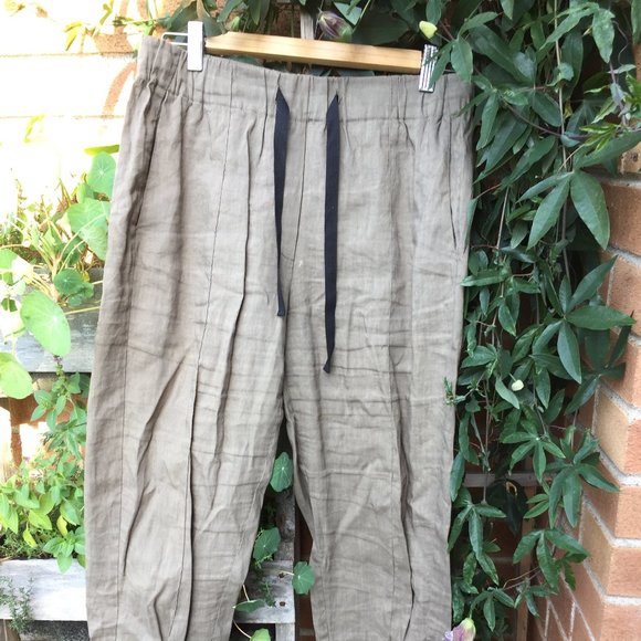 Olive Beige Linen Lounge Pant w Drawstrings - Picture 1 of 6